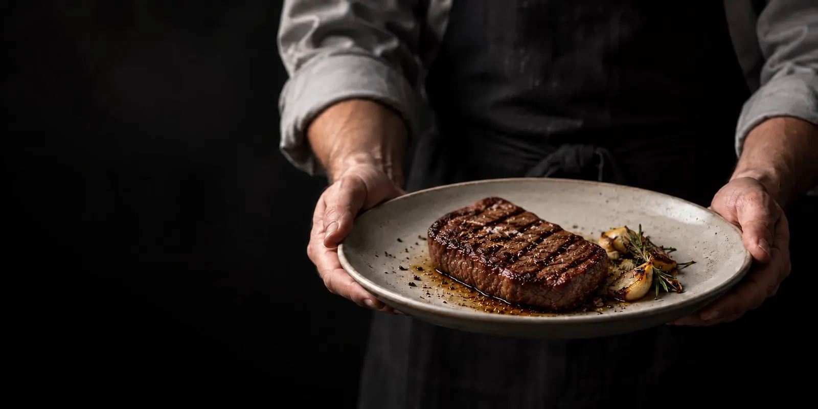Carnicero presentando un lomo vetado a la parrilla en un plato de gres