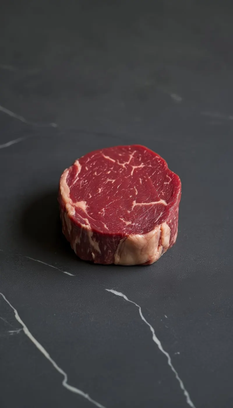 Bife de lomo vetado crudo con marmoleo marcado sobre pizarra